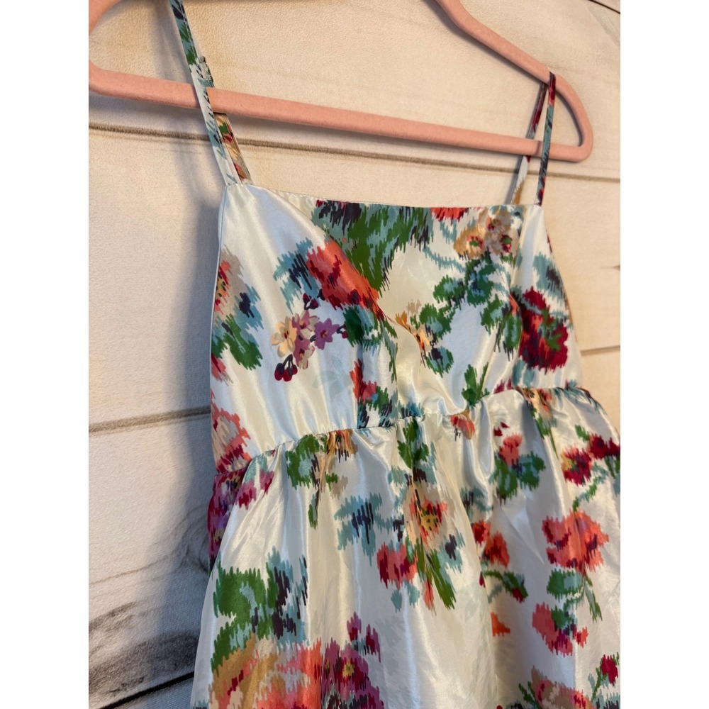 BHLDN Floral Ikat Satin Midi Dress Light Blue Red Orange Green Size M NWT - Picture 2 of 6